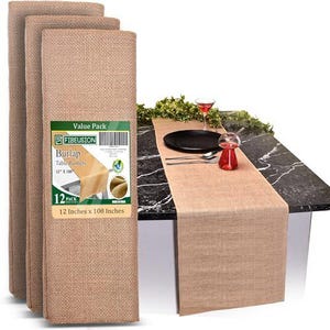 May include: A pack of 12 brown burlap table runners, each measuring 12 inches by 108 inches. The runners are shown on a black and white marble table with a glass of red wine and a glass of water.