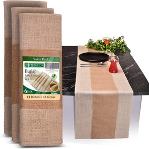 May include: A set of six burlap table runners in a value pack. The runners are 14 inches wide and 72 inches long. They are made of natural burlap fabric and have a rustic, farmhouse style. The runners are perfect for adding a touch of warmth and texture to your dining table.