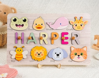 Rompecabezas de madera personalizado con nombre para niñas, juguete educativo colorido con nombre, números del 1 al 10 y 7 elementos personalizados, regalo para baby shower, juguete de madera.