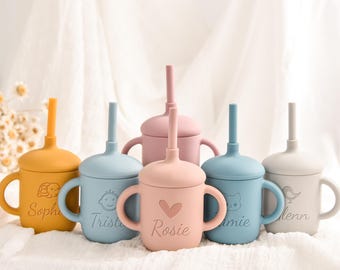 Vaso de silicona personalizado con pajita, vaso de silicona para bebé, regalo de primer cumpleaños personalizado, vaso de silicona con pajita, etiquetas con nombre para vaso, vaso para niños pequeños con asa