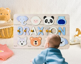 Custom Handmade Name Puzzle with Animals, Personalized Birthday Gift for Kids,Name Puzzles for Toddlers,Montessori Baby Toys,Baby Shower