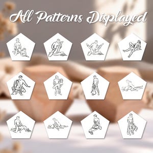 May include: A collection of white, pentagon-shaped cards, each featuring a black line drawing of various figures in intimate poses. The cards are arranged on a neutral background, with the text "All Patterns Displayed" at the top.