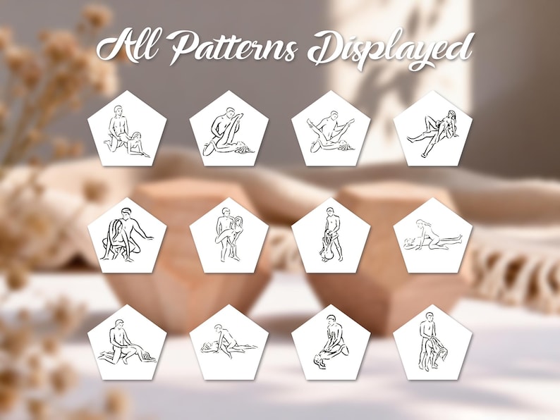 May include: A collection of white, pentagon-shaped cards, each featuring a black line drawing of various figures in intimate poses. The cards are arranged on a neutral background, with the text "All Patterns Displayed" at the top.