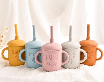 Vaso de entrenamiento personalizado para niños pequeños, vaso con boquilla grabado, vaso de silicona personalizado con pajita, vaso con boquilla grabado, vaso de entrenamiento para niños pequeños, regalos para bebés