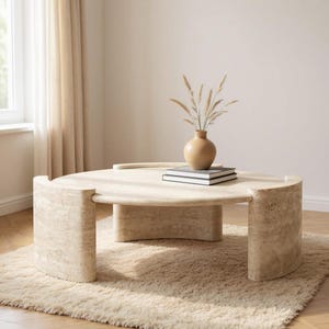 Modern Travertine Coffee Table | Round Travertine Table | Round Travertine End Table | Marble Finished Coffee Table | Travertine Side Table