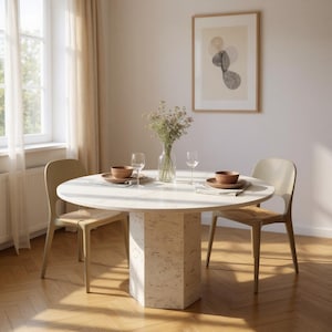 Modern Travertine Round Table | Round Travertine Dining Table | Round Travertine Table | Marble Finished Dining Table | Travertine Table