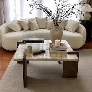 Handmade Travertine & Wood Coffee Table: Modern Square Design