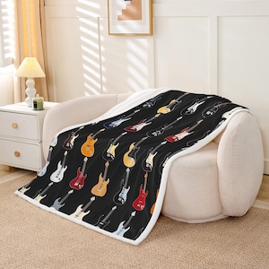 Musical Guitar Flannel Throw Blanket, Classical Music Theme Black Fleece Blankets, Colorful Guitars Super Soft Blanket for Bed Sofa