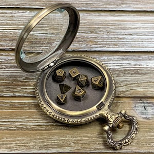 Antique Gold Pocket Watch Shell with Micro Polyhedral Dice Set (~5mm) - Includes Matching Watch Chain