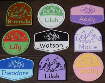 Custom, Personalized Outdoors Pet and People Name Plate - Crate, Ornament, Door Tag, Mountains