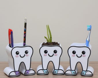 Tooth Pencil/Pen Holder, Desk Organizer, Toothbrush Caddy - Dental Office Accessories, Receptionist, Hygienist, Assistant, Succulent Planter