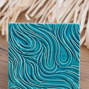 Handcrafted Ceramic Tile – Turquoise Wave Pattern – 10x10 cm (4x4 inch) Artistic Accent Tile, Tile wall art, Decorative Tile,