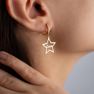 Custom Name Star Earrings in Sterling Silver - Unique Personalized Jewelry Gift for Her - Celestial Charm, Personalized Star Name Earrings