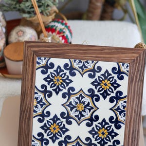 Hand-Painted Ceramic Tile Wall Art with Wooden Frame - Handmade Decorative Blue & White Tiles - Turkish Traditional Design