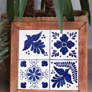 Hand-Painted Ceramic Tile Wall Art with Wooden Frame - Handmade Decorative Blue & White Tiles - Turkish Traditional Design