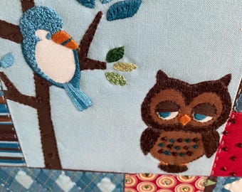 Quilt and Decor Set, Hoot Fabric, Blue, Brown, Cream, Red, Baby, Toddler