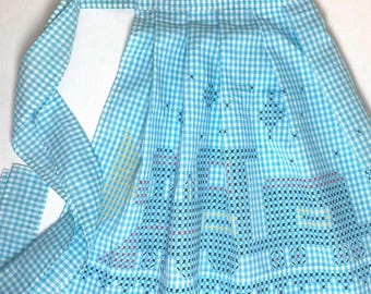 Vintage Gingham Apron, Turqouise, Printed with Cross Stitch Design