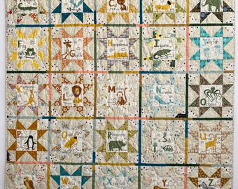 Alphabet Stars Heirloom Quilt, Custom Designed, Minky Backing, 52"x52"