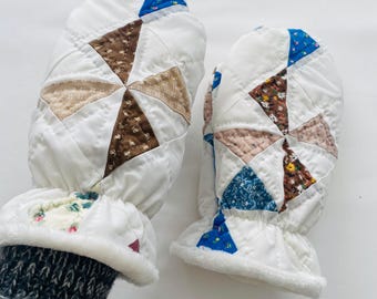 Upcycled Lined Mittens from Vintage Quilt Blocks, Size Large