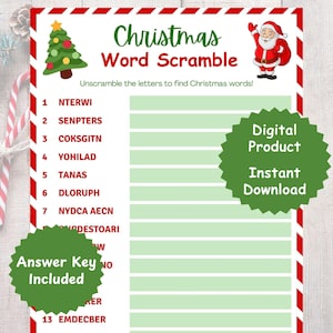 Christmas Word Scramble, Printable Christmas Party Game For kids Adults, Instant download Christmas activity for office, classrooms, events