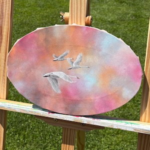 Above – Acrylic painting with flying swans | Abstract sky | Wall art in harmonious colors | Hand-painted one of a kind on canvas