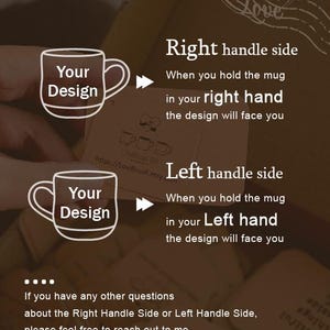 May include: Diagram explaining mug engraving options. The text reads "Right handle side" and "Left handle side" with illustrations of mugs. The text also says "Your Design" and "When you hold the mug in your right/left hand the design will face you."