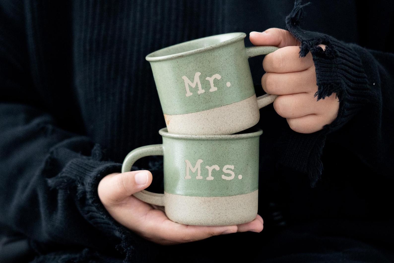 Mr and Mrs Mugs, Engraved Pottery Mug, Couple Mug Anniversary Gift, Engagement Gift for Couples Gift, Minimalist Coffee Mug Housewarming BJ - Right Handle Side, Left Handle Side