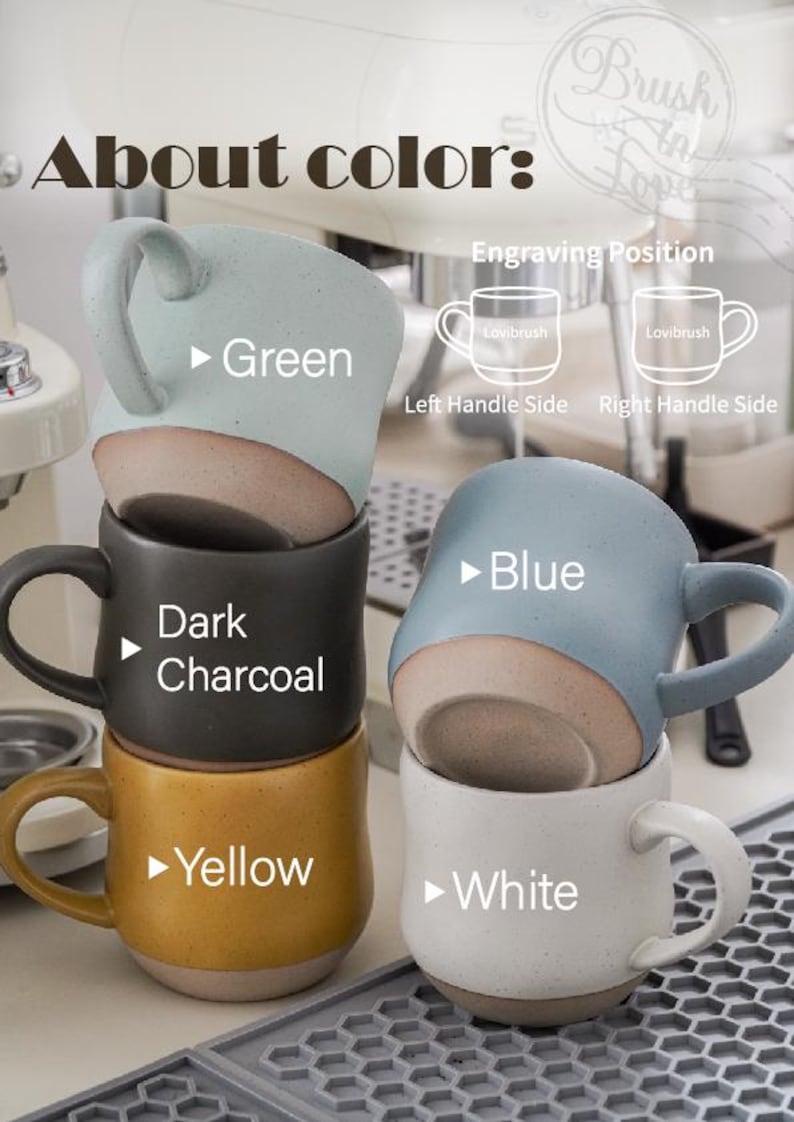 May include: A stack of ceramic mugs in green, dark charcoal, yellow, blue, and white. Each mug has a rounded shape with a handle and a contrasting base. The image includes text indicating the colour of each mug.