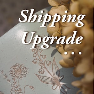 May include: A close-up of a light blue ceramic mug with a floral design. The text "Shipping Upgrade..." is written in white on the mug.