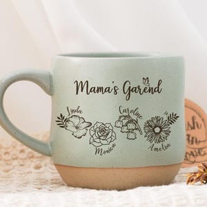 Mama&#39;s Garden Birth Flower Mug Custom Gift, Personalized Birth Flower Garden Mug For Mimi,  Grandma Engraved Pottery Mug Mothers Day Gift PD