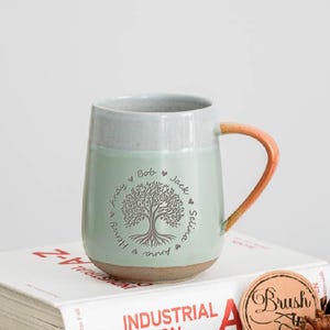 Puede incluir: Una taza de cerámica con cuerpo verde claro, borde azul claro y asa naranja. La taza presenta un diseño de árbol con nombres alrededor. La taza está sobre un libro con las palabras "INDUSTRIAL DESIGN".