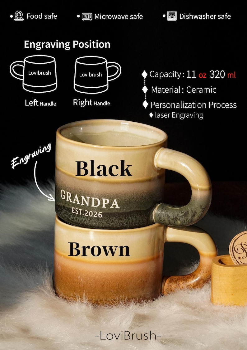 May include: Two-tone ceramic mug with a capacity of 11 oz (320 ml). The top section is black, with "GRANDPA EST.2026" printed on it, and the bottom section is brown. The mug is microwave and dishwasher safe, and features laser engraving.