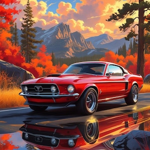 Vintage Red Mustang Print: Autumn Mountain Drive, Classic Car Art (Digital Download