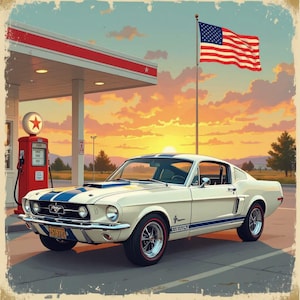 1968 Shelby GT350 Mustang Wall Art – Vintage American Muscle Car Print, Retro Gas Station Sunset Scene, Classic Ford Mustang Poster