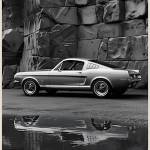 Black and White Mustang Wall Art – Vintage Muscle Car Photography Print, Classic Automotive Decor for Garage, Office, or Man Cave