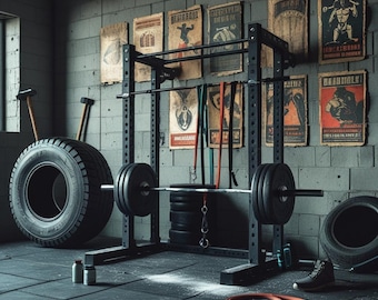 Décoration murale hardcore pour salle de sport à domicile - Impression de racks de squat vintage Gritty | Décoration de sport masculine pour hommes | Poster de musculation industrielle