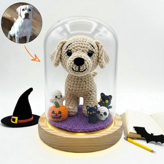 Custom Crochet Labrador Retriever Dog in Glass Dome With Wooden