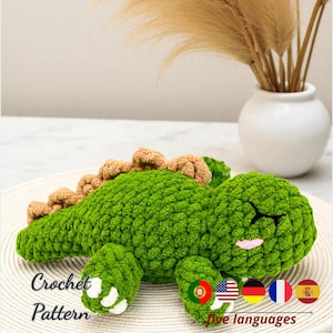 Dinosaur Crochet Pattern PDF, Amigurumi Dino Tutorial, Sleepy Dinosaur Plush, Stuffed Animal Pattern, Digital File 5 Languages