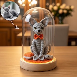Custom Crochet Figurine in Glass Dome with LED Base: Personalized Pet Gift
