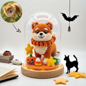 Pomeranian Crochet Dog Lamp – Handmade Amigurumi Pet Figurine in LED Glass Dome with Wooden Base, Custom Crochet Dog Lover Gift, Home Decor