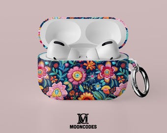 Custodia per AirPods Pro 2/1/2/3/4 con stampa floreale ricamata scura per iPhone, custodia floreale per AirPodsPro di seconda/prima generazione, cover protettiva con opzione nome regalo