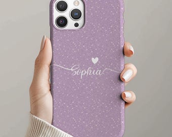 Custodia personalizzata con nome e stampa glitter viola, cover lilla personalizzata per iPhone 17e 16 Pro Max Magsafe, regalo per Samsung Galaxy S26 S25FE S24 Pixel