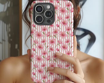 Custodia per iPhone con fiori rosa in stile retrò, cover femminile con motivo di fiori selvatici per iPhone 17 16 15 14 Magsafe Pro Max, Samsung Galaxy S26 S25 S24FE, regalo