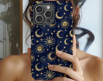 Celestial Sun and Moon Phone Case: Navy Blue Mystic Boho iPhone 17 16 15 14 13 12 11 Magsafe Case, Gold Design Cover for Samsung and Pixel