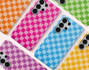 Checkered Neon Phone Case For Samsung Galaxy S26 S25FE S24 S21 Ultra, Colorful Checkered Samsung A73 A56 A55 A53 A16 Retro, Vibes Cover Gift