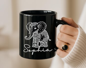 Personalized Elephant Mug, Custom Name Coffee Cup, Elephant Lover Gift, Boho Animal Mug, Unique Ceramic Mug Gift For Chirstmas Her Or Him