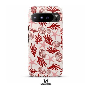 May include: A phone case with a cream background featuring a repeating pattern of red coral, pink starfish, and seashell illustrations. The case has a camera cutout and the Mooncodes logo at the bottom.