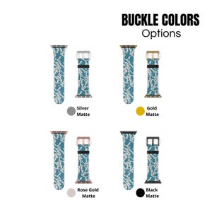 May include: Image showing watch strap options with the text "BUCKLE COLORS Options". The straps have a blue and white pattern, available with silver, gold, rose gold, and black matte buckles. Each strap is displayed with its corresponding buckle colour.