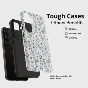 May include: A phone case with a floral pattern in blue and white, featuring a 3D wrap, silicone liner, and durability. The image shows the case's layers, including a black inner case and a phone. The text reads "Tough Cases" and "Others Benefits".