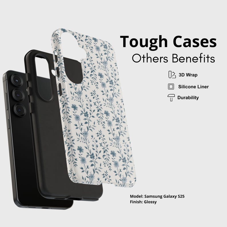 May include: A phone case with a floral pattern in blue and white, featuring a 3D wrap, silicone liner, and durability. The image shows the case's layers, including a black inner case and a phone. The text reads "Tough Cases" and "Others Benefits".